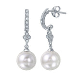Sterling Silver Rhodium Plated Fancy Synthetic White Pearl Pave Half Hoop Stud Earring with Friction Back Post
