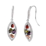 Sterling Silver Rhodium Plated Open Marquise Shaped Hook Earrings with Earring Dimensions of 34MMx10MM and Multi Shaped and Multi Colored CZ