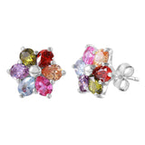 Sterling Silver Rhodium Plated Flower Earrings with Multicolor Pear CZ Petals and Friction Back Post