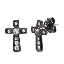 Load image into Gallery viewer, Sterling Silver Black Rhodium Plated Cross Earrings Embedded with Round CZ with Earring Dimensions of 11.8MMx8MM and Friction Back Post