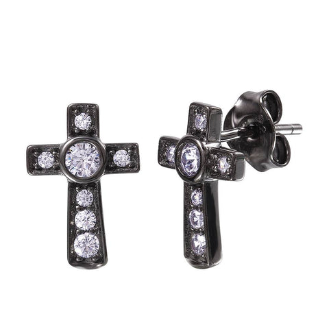 Sterling Silver Black Rhodium Plated Cross Earrings Embedded with Round CZ with Earring Dimensions of 11.8MMx8MM and Friction Back Post