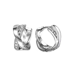 Sterling Silver Rhodium Plated X Shaped Huggie Earrings With CZ Stones