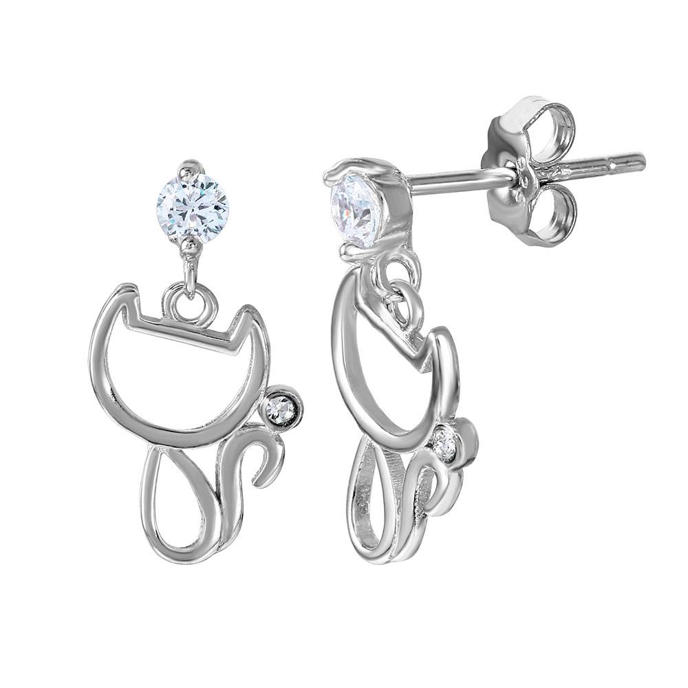 High Polished Sterling Silver Rhodium Plated Open Cat Design Earrings with Round Clear CZ on TopAnd Friction Back Post