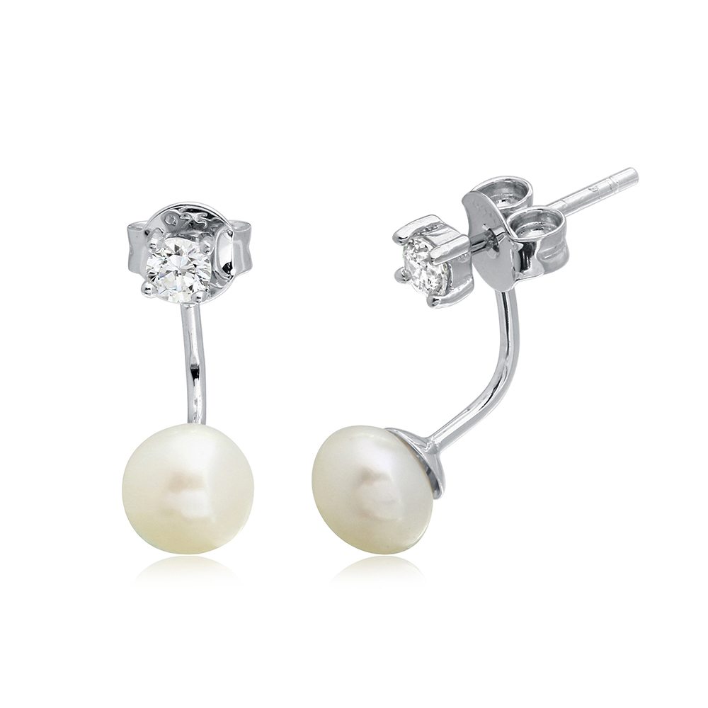 Sterling Silver Rhodium Plated CZ Earrings with Hanging Fresh Water Pearl