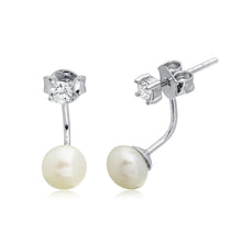 Load image into Gallery viewer, Sterling Silver Rhodium Plated CZ Earrings with Hanging Fresh Water Pearl