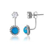 Sterling Silver Rhodium Plated Round Turquoise Hanging Earrings With CZ Stones