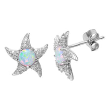 Load image into Gallery viewer, Rhodium Plated Sterling Silver Stylish Starfish Earrings with Clear CZ and Synthetic White Round Opal InlayAnd Earring Dimensions of 13MMx13MM and Friction Back Post