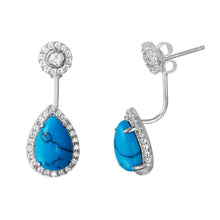 Load image into Gallery viewer, Sterling Silver Rhodium Plated Hanging Turquoise Pear Earrings with CZ Paved Outline and Round CZ FlowerAnd Earring Dimensions of 10MMx26MM