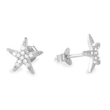 Sterling Silver Rhodium Plated Star Shaped Stud Earrings With CZ Stone