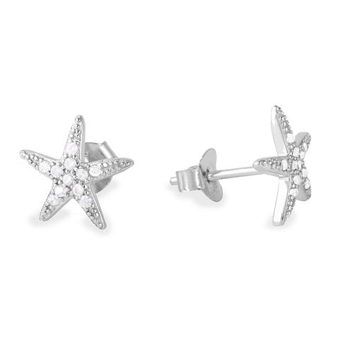 Sterling Silver Rhodium Plated Star Shaped Stud Earrings With CZ Stone