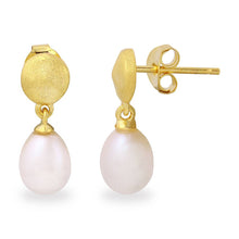 Load image into Gallery viewer, Sterling Silver Matte Finish Gold Plated Disc with Hanging Fresh Water Pearl Earrings