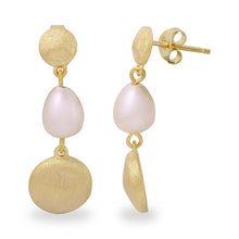Load image into Gallery viewer, Sterling Silver Gold Plated Disc with Hanging Fresh Water Pearl Earrings