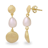 Sterling Silver Gold Plated Disc with Hanging Fresh Water Pearl Earrings