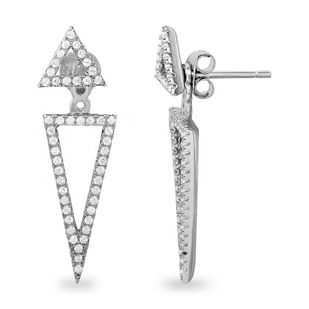 Sterling Silver Rhodium Plated Double Open Triangle Shaped Earrings With CZ Stones