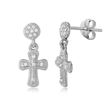 Load image into Gallery viewer, Sterling Silver Rhodium Plated Hanging Cross Shaped Earrings With CZ Stones