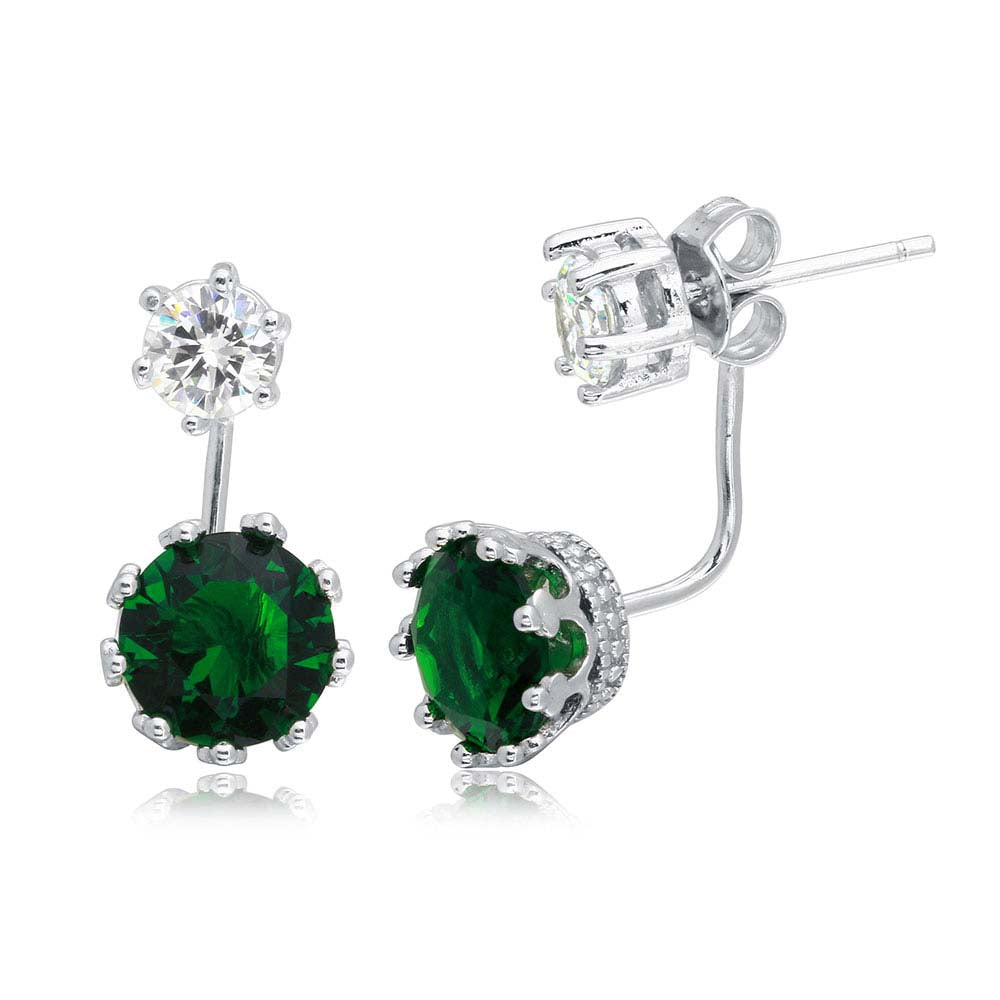 Sterling Silver Rhodium Plated Front And Back Hanging Earrings With Green And Clear CZ Stones