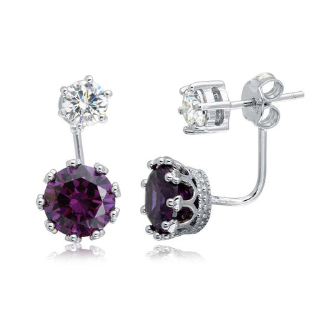 Sterling Silver Rhodium Plated Front And Back Hanging Earrings With Purple And Clear CZ Stones