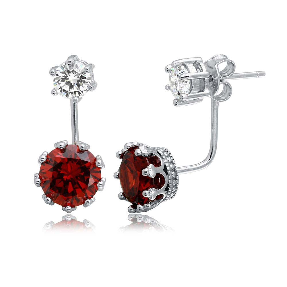 Sterling Silver Rhodium Plated Front And Back Hanging Earrings With Red And Clear CZ Stones
