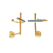 Load image into Gallery viewer, Sterling Silver Gold Plated Climbing Cross Earrings With Blue CZ Stones