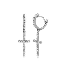 Load image into Gallery viewer, Sterling Silver Rhodium Plated Hanging CZ Cross Huggie Earrings