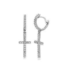 Sterling Silver Rhodium Plated Hanging CZ Cross Huggie Earrings