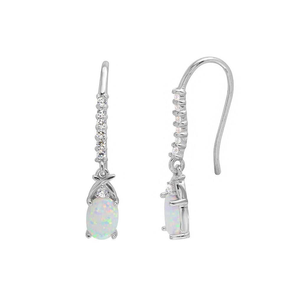 Sterling Silver Rhodium Plated Oval Opal Dangling Earrings With CZ Stones