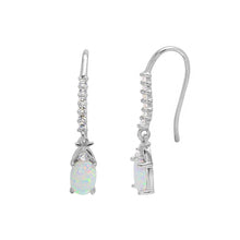 Load image into Gallery viewer, Sterling Silver Rhodium Plated Oval Opal Dangling Earrings With CZ Stones