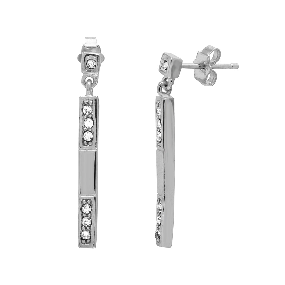 Sterling Silver Rhodium Plated Dangling Bar CZ Earrings