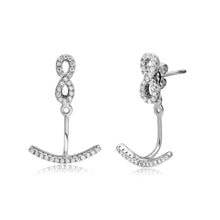 Load image into Gallery viewer, Sterling Silver Rhodium Plated Infinity With Curve Hanging Backing Earrings With CZ Stones