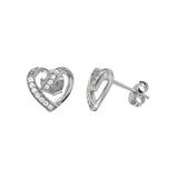 Sterling Silver Rhodium Plated Open Overlap Heart Shaped Stud Earrings With CZ Stones