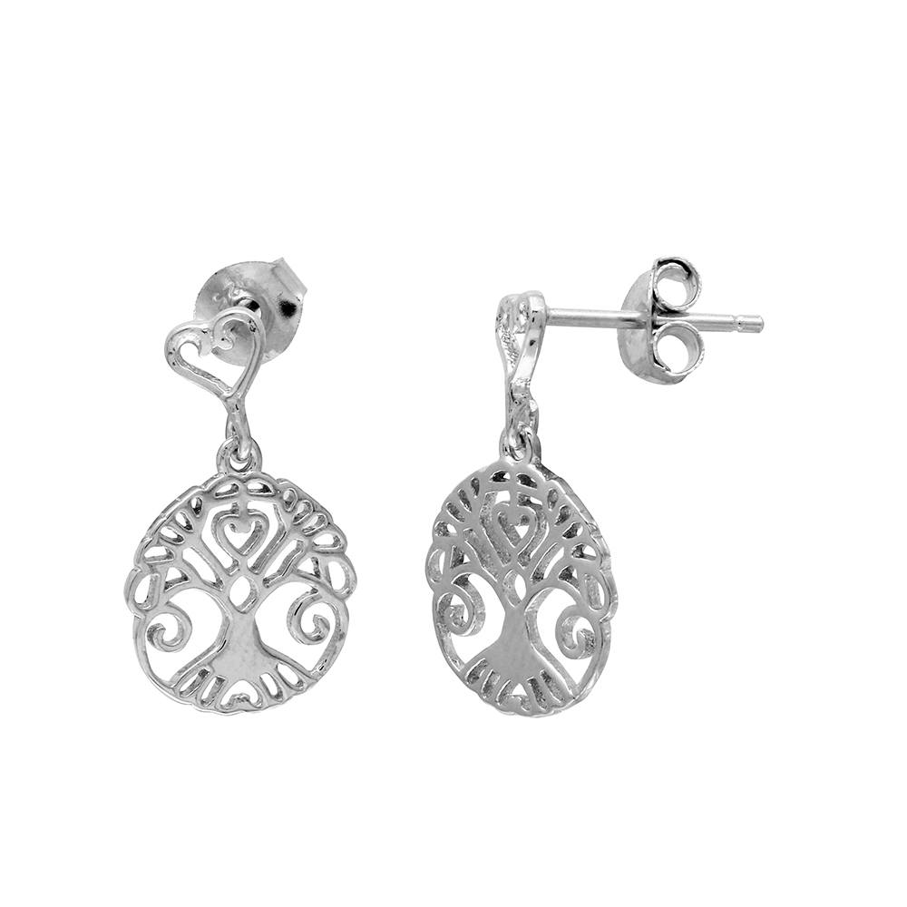 Sterling Silver Rhodium Plated Tree of Life Shaped Outline Disc Dangling Earrings