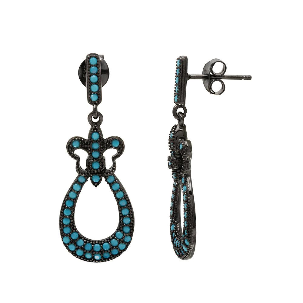 Sterling Silver Black Rhodium Plated Turquoise Stone Filigree Shape Dangling Earrings