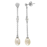 Sterling Silver Rhodium Plated Chain With Fresh Water Pearl Shape Dangling Earrings With CZ Stones