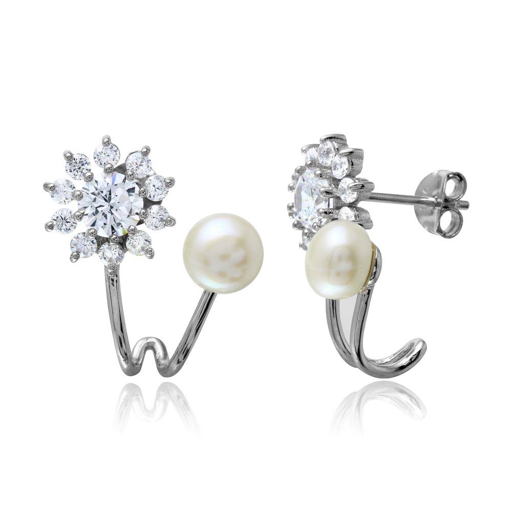 Sterling Silver Rhodium Plated Flower Shaped Fresh Water Pearl Earrings with CZ Stones
