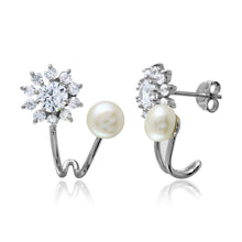 Load image into Gallery viewer, Sterling Silver Rhodium Plated Flower Shaped Fresh Water Pearl Earrings with CZ Stones