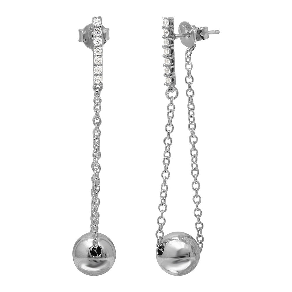 Sterling Silver Rhodium Plated Bead CZ Bar Dangling Earrings