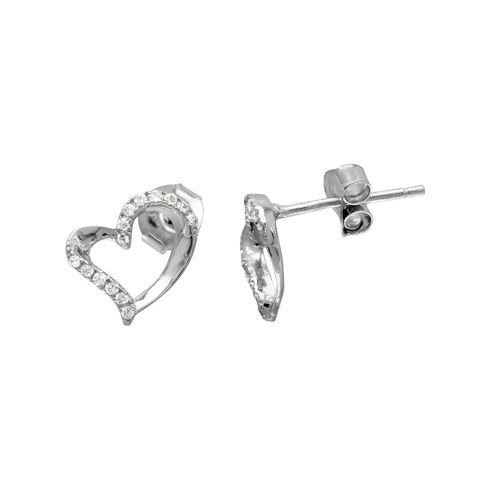 Sterling Silver Rhodium Plated Open Sideways CZ Heart Stud Earrings