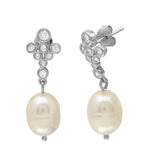 Sterling Silver Rhodium Plated Bubble Stud Earrings with Dangling Fresh Water Pearl with CZ Stones