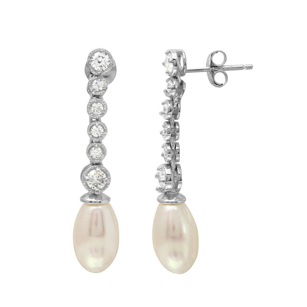 Sterling Silver Rhodium Plated Bubble Dangling Earrings with Fresh Water Pearl with CZ Stones