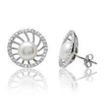 Load image into Gallery viewer, Sterling Silver Rhodium Plated Fresh Water Pearl Center CZ Border Stud Earrings