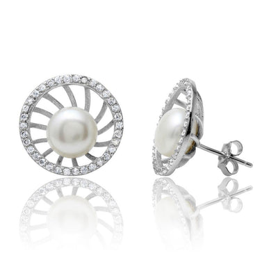 Sterling Silver Rhodium Plated Fresh Water Pearl Center CZ Border Stud Earrings