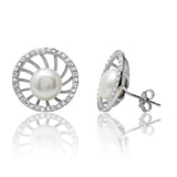 Sterling Silver Rhodium Plated Fresh Water Pearl Center CZ Border Stud Earrings