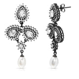 Sterling Silver Black Rhodium Plated Dangling Three Halo Pearl CZ with Fresh Water Pearl Earrings