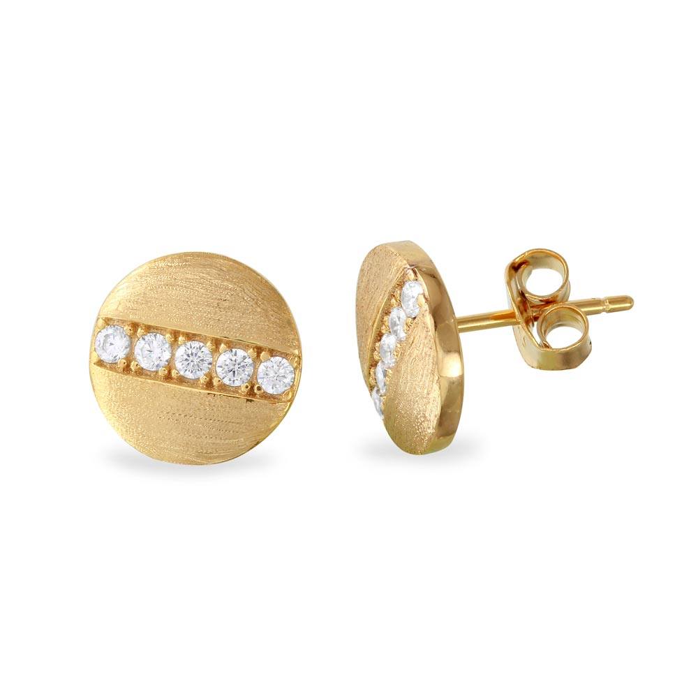 Sterling Silver Matte Gold Plated Round Shaped Stud Earrings With CZ Stones