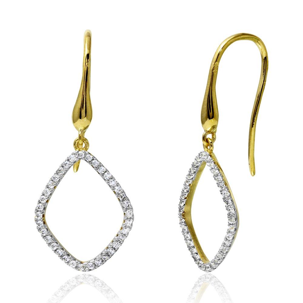 Sterling Silver Gold Plated Open Pear Shape Dangling Earrings With CZ Stones