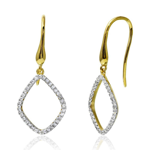 Sterling Silver Gold Plated Open Pear Shape Dangling Earrings With CZ Stones