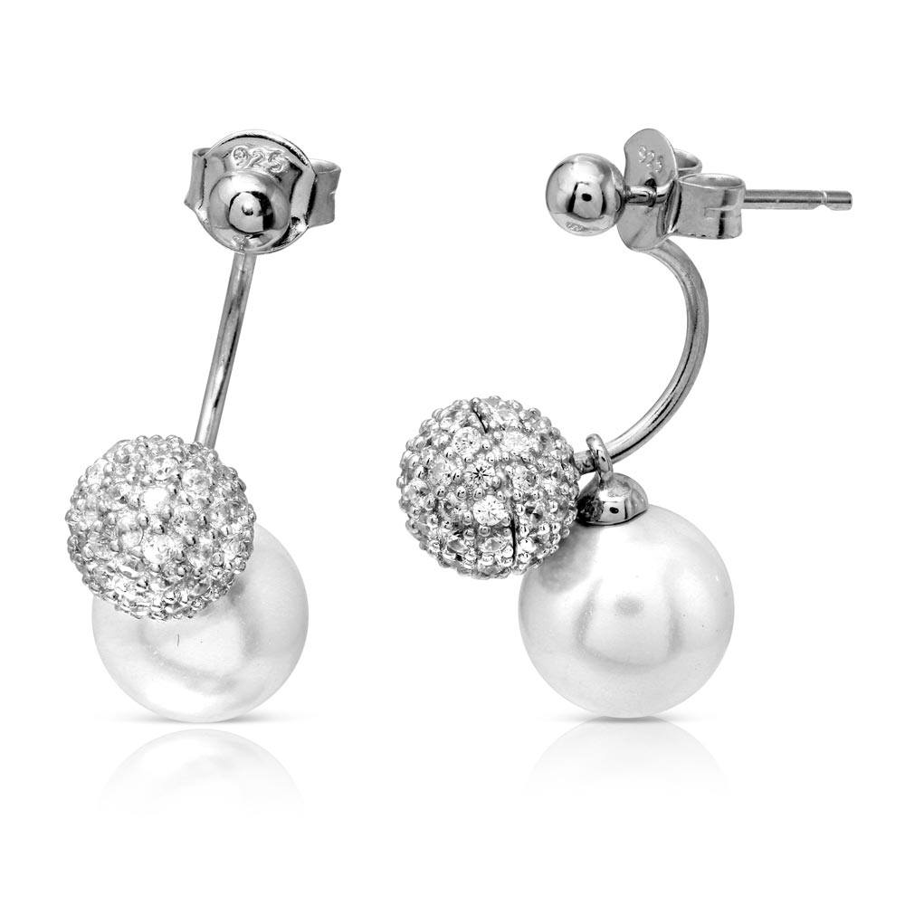 Sterling Silver Rhodium Plated Ball With Sliding Mother Of Pearl Shaped Earrings With CZ Stones