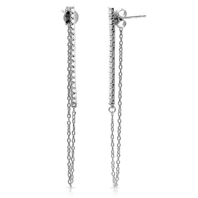Sterling Silver Rhodium Plated Vertical Line Bar With CZ Earrings