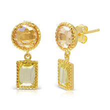 Load image into Gallery viewer, Sterling Silver Gold Plated Champagne Round With Green Cushion CZ Dangling Earrings
