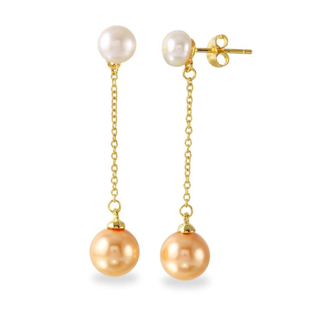 Sterling Silver Gold Plated Fresh Water Pearl with Dangling Synthetic Pearl Earring